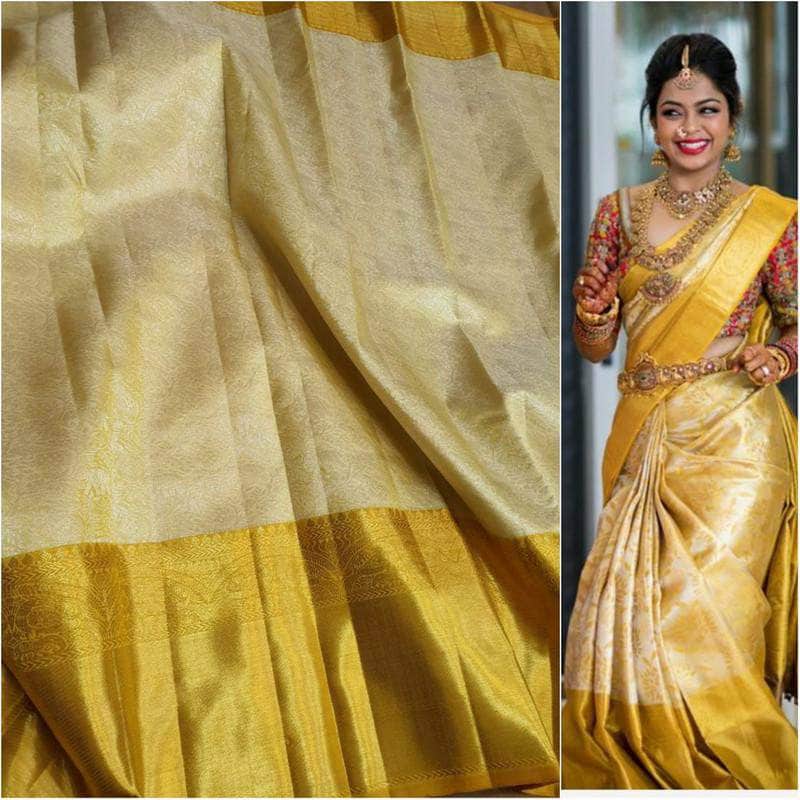 Beautiful Kanjivaram Authentic Silk Saree in Wheat - Saree - FashionVibes