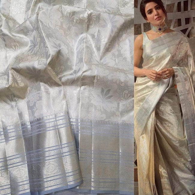 Beautiful Kanjivaram Authentic Silk Saree in White - Saree - FashionVibes