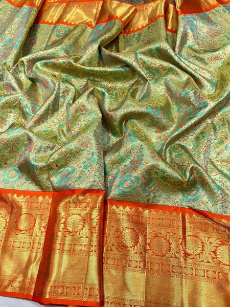 Beautiful Kanjivaram Authentic Silk Saree with floral patterns in Green - Saree - FashionVibes