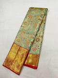 Beautiful Kanjivaram Authentic Silk Saree with floral patterns in Light Blue - Saree - FashionVibes