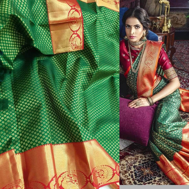 Beautiful Kanjivaram Pure Silk Saree in Green - Saree - FashionVibes