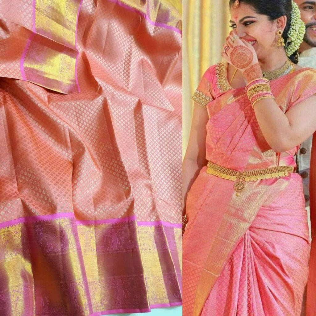 Beautiful Kanjivaram Pure Silk Saree in Pink - Saree - FashionVibes