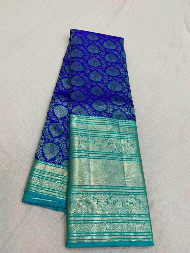 Beautiful Kanjivaram Silk Saree in Blue - Saree - FashionVibes