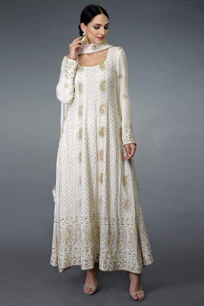 Beautiful Pure Georgette Handwork Chikankari Off-White Anarkali Suit