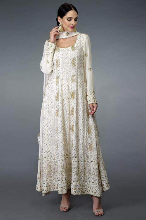 Beautiful Pure Georgette Handwork Chikankari Off-White Anarkali Suit in - Salwar Suit - FashionVibes
