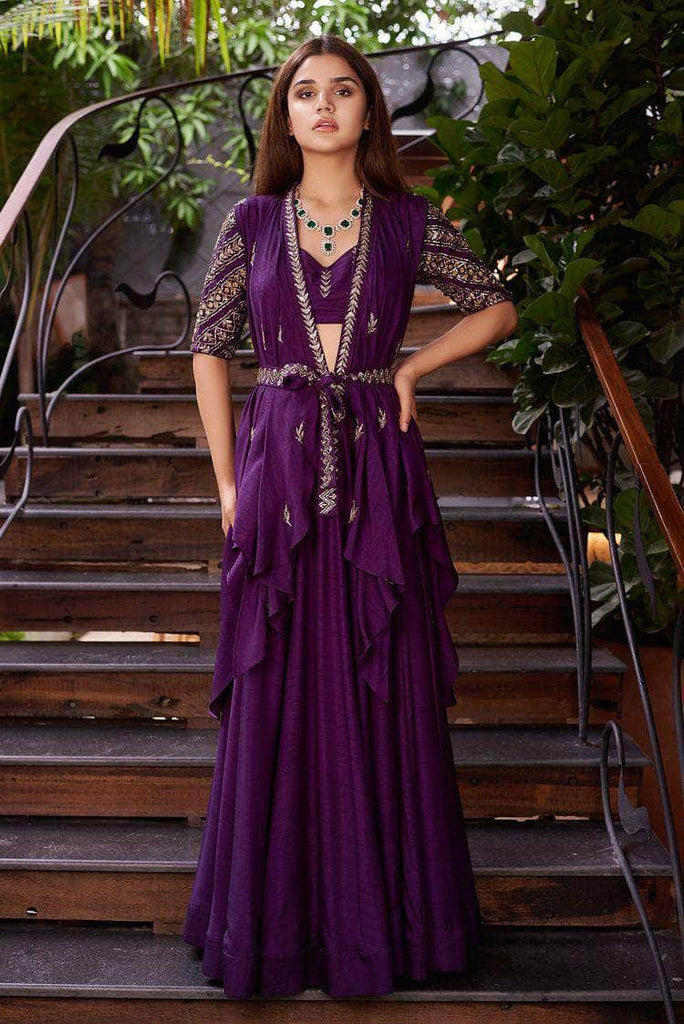 Beautiful Purple Indo-western Georgette Gown in - Gowns - FashionVibes