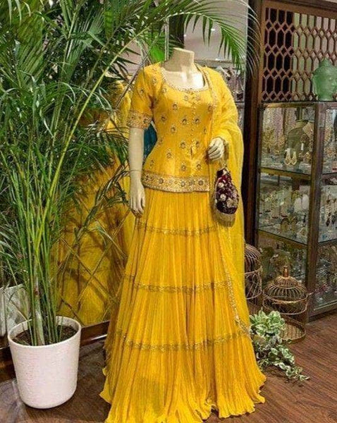 Beautiful Yellow Georgette Ruffle Lehenga in - Lehenga - FashionVibes