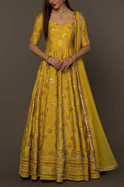 Beautiful Yellow Pure Silk Anarkali in - Lehenga - FashionVibes