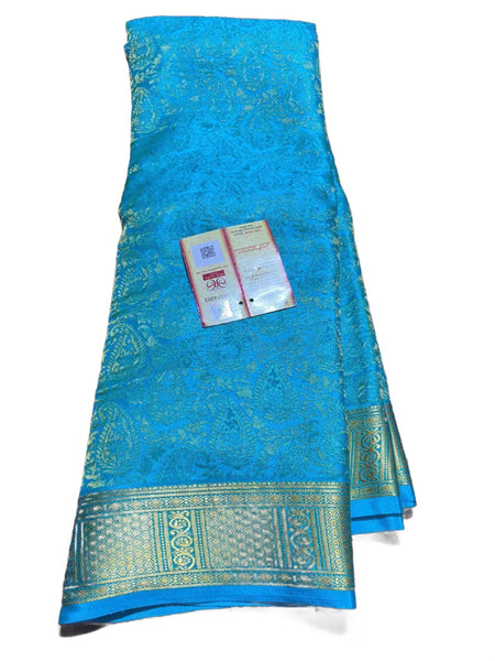 Brocade pattern 100gm Thickness Mysoree Silk Saree in blue - Saree - FashionVibes