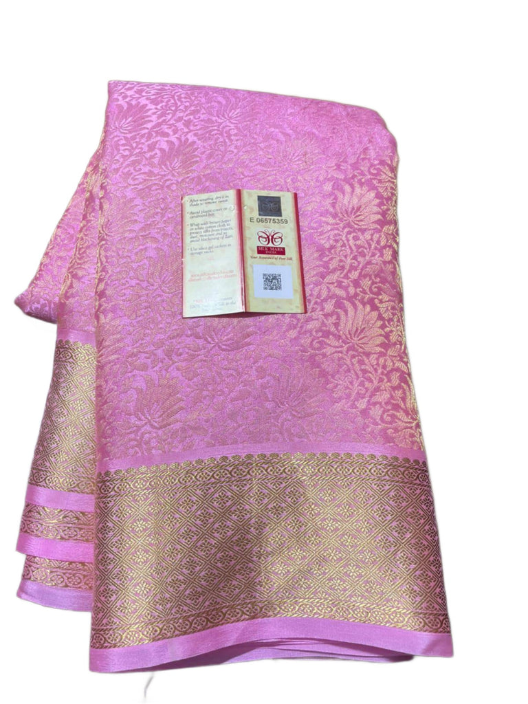 Brocade pattern 100gm Thickness Mysoree Silk Saree in Pink - Saree - FashionVibes