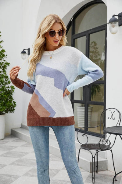 Color Block Dropped Shoulder Round Neck Tunic Sweater in Blue/White / S - - Trendsi