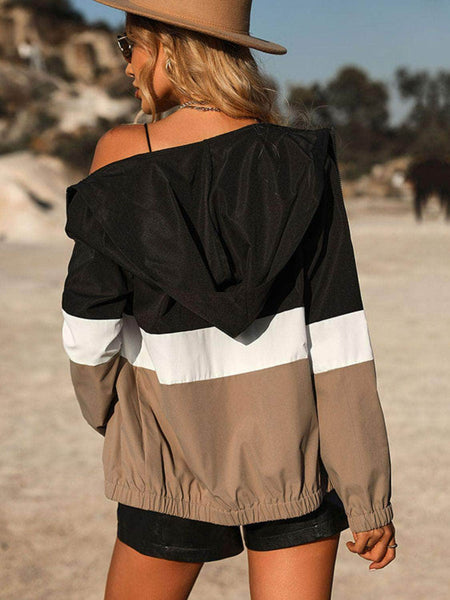 Color Block Zip Up Hooded Jacket in - - Trendsi