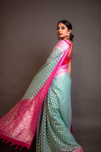 Designer Banarasi  Georgette Chiffon - Silk Saree in Blue - Saree - FashionVibes