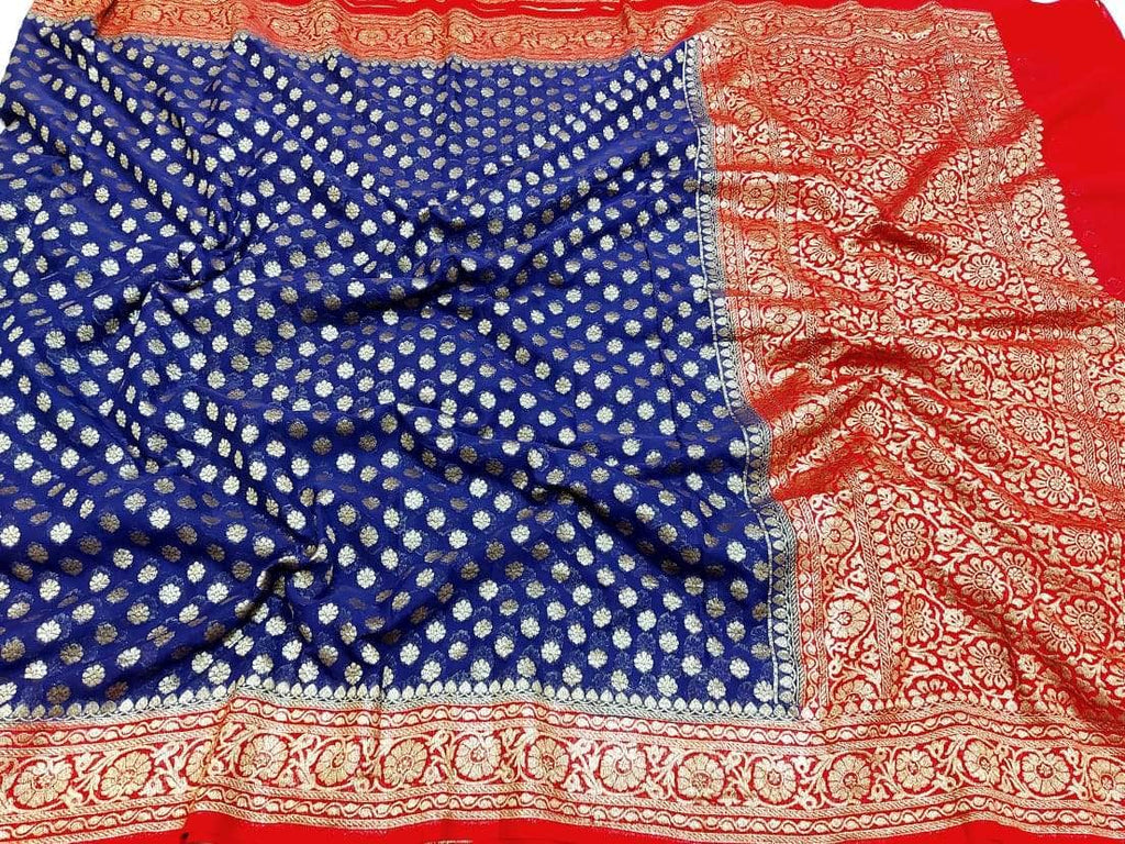 Designer Banarasi  Georgette Chiffon - Silk Saree in dark Blue - Saree - FashionVibes