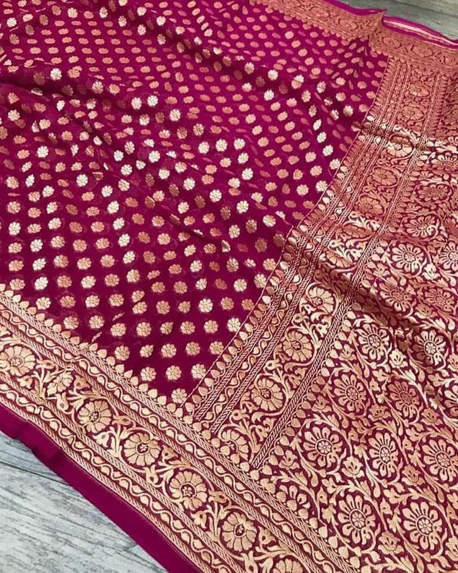 Designer Banarasi  Georgette Chiffon - Silk Saree in Dark Pink - Saree - FashionVibes