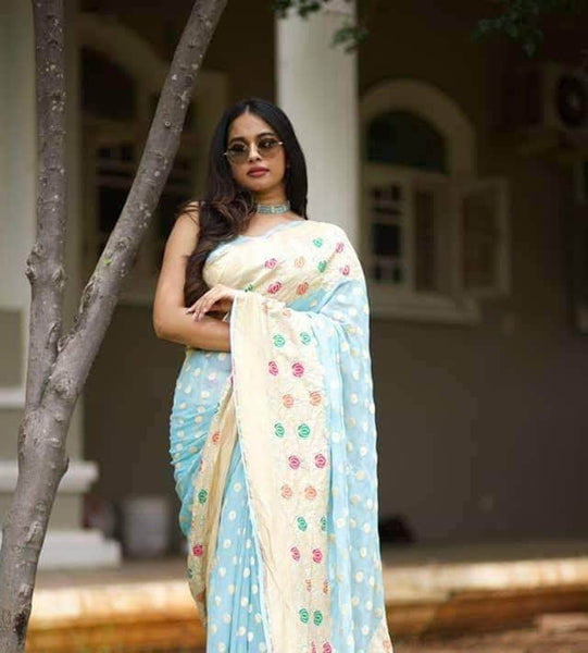 Designer Banarasi  Georgette Chiffon - Silk Saree with meenakari work in Blue - Saree - FashionVibes