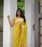 Designer Banarasi  Georgette Chiffon - Silk Saree with meenakari work in Yellow - Saree - FashionVibes