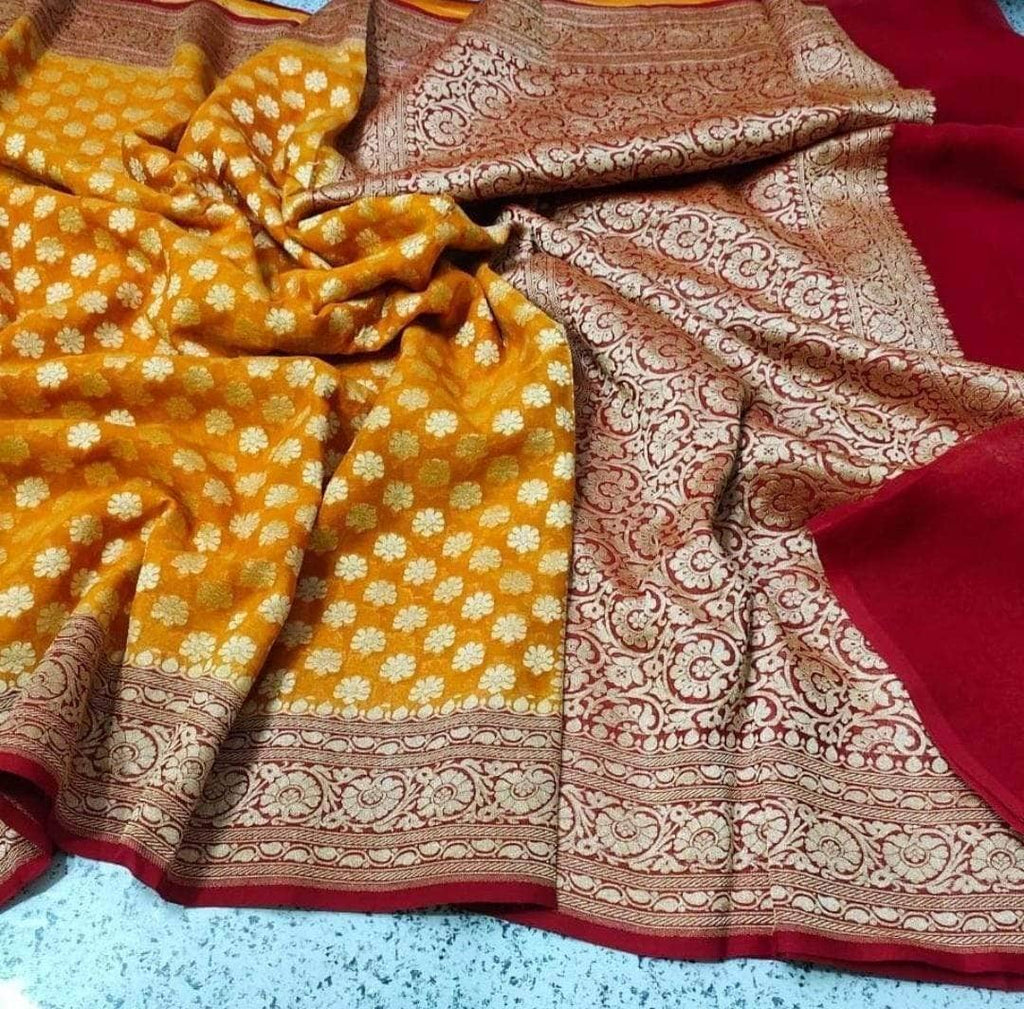 Designer Banarasi  Georgette Chiffon - Silk Saree in Yellow - Saree - FashionVibes