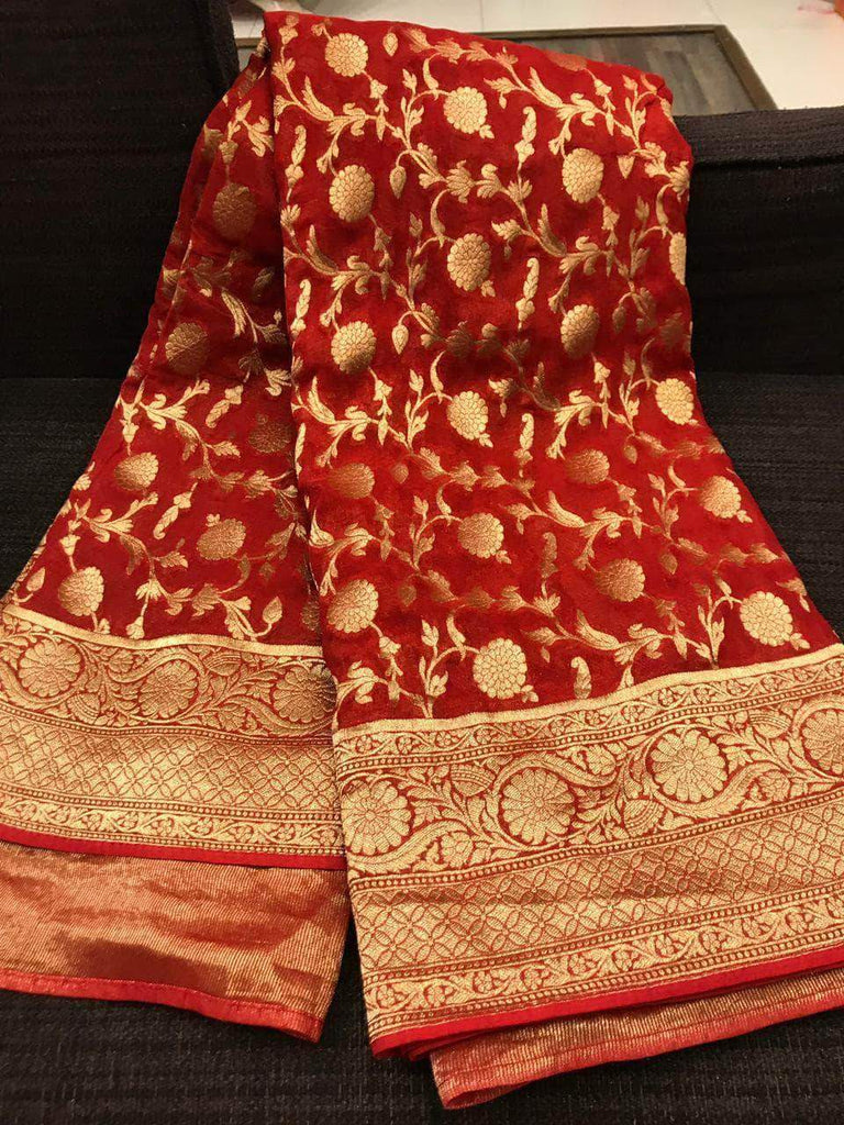 Designer Georgette Banarasi Khaddi Saree in Crimson - Saree - FashionVibes