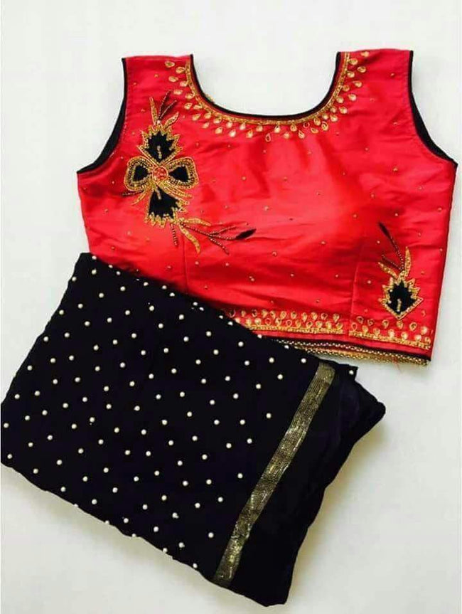 Designer Georgette Sarees with blouse in Red Black - Saree - FashionVibes