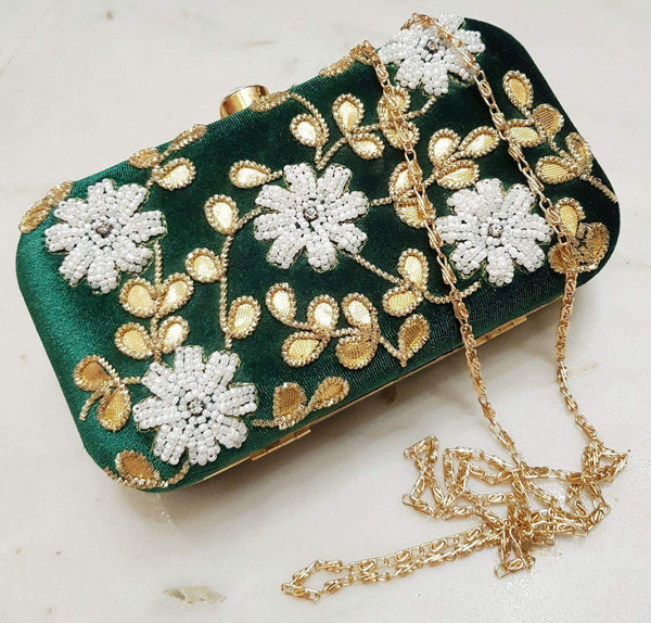 Designer Hand-embroidered Clutches in Green - Shoes & Cluthes - FashionVibes