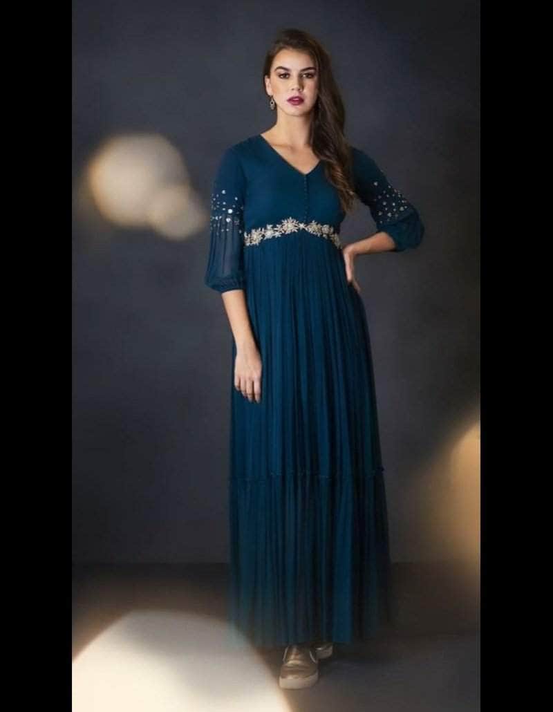 Indo-western gown in teal with quilted bodice and intricate pearl work only  on Kalki | Gowns, Indowestern gowns, Indo western gown