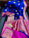 Designer Katan Silk Saree with Antique Zari Work in Blue and Pink - Saree - FashionVibes