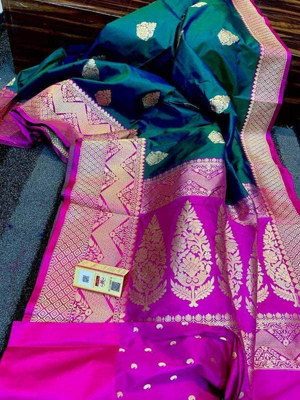 Designer Katan Silk Saree with Antique Zari Work in DarkGreen - Saree - FashionVibes