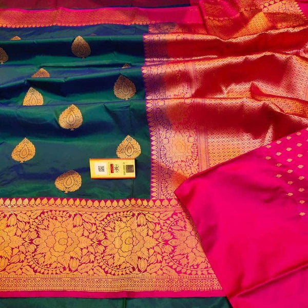Designer Katan Silk Saree with Antique Zari Work in Green and Red - Saree - FashionVibes