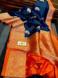 Designer Katan Silk Saree with Antique Zari Work in Navy - Saree - FashionVibes