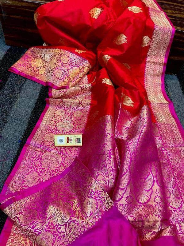 Designer Katan Silk Saree with Antique Zari Work in Red and Pink - Saree - FashionVibes