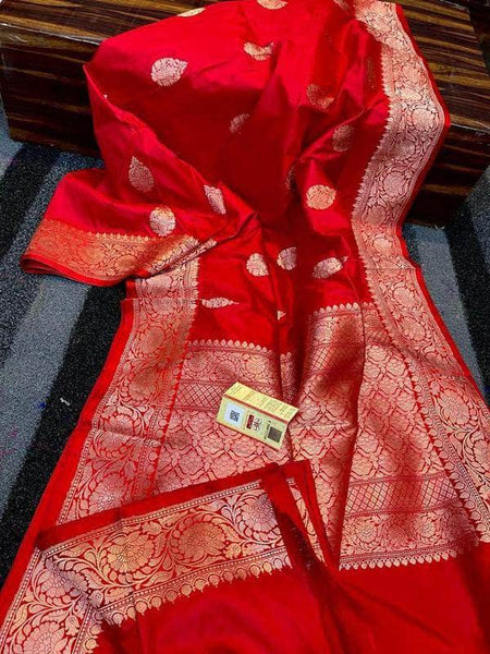 Designer Katan Silk Saree with Antique Zari Work in Red - Saree - FashionVibes