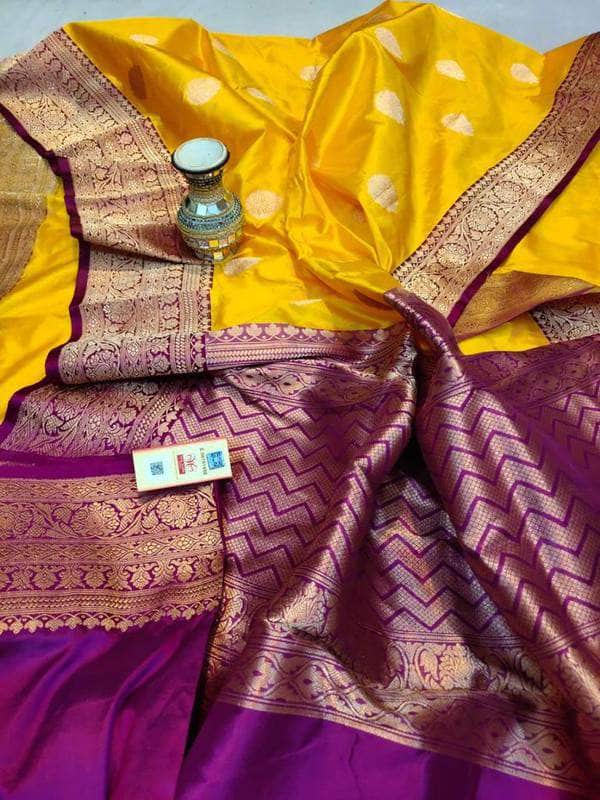 Designer Katan Silk Saree with Antique Zari Work in Yellow - Saree - FashionVibes