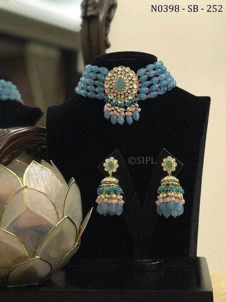 Designer Kundan Necklace Set in Blue - Jewelry - FashionVibes