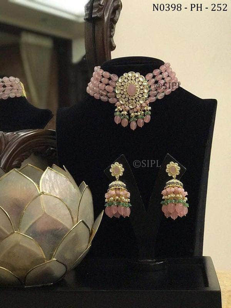 Designer Kundan Necklace Set in Pink - Jewelry - FashionVibes