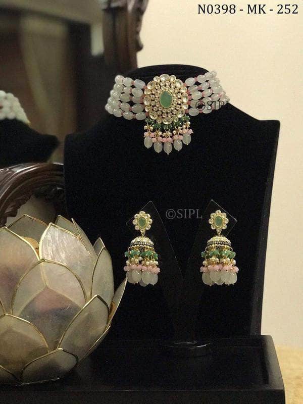 Designer Kundan Necklace Set in WhiteSmoke - Jewelry - FashionVibes