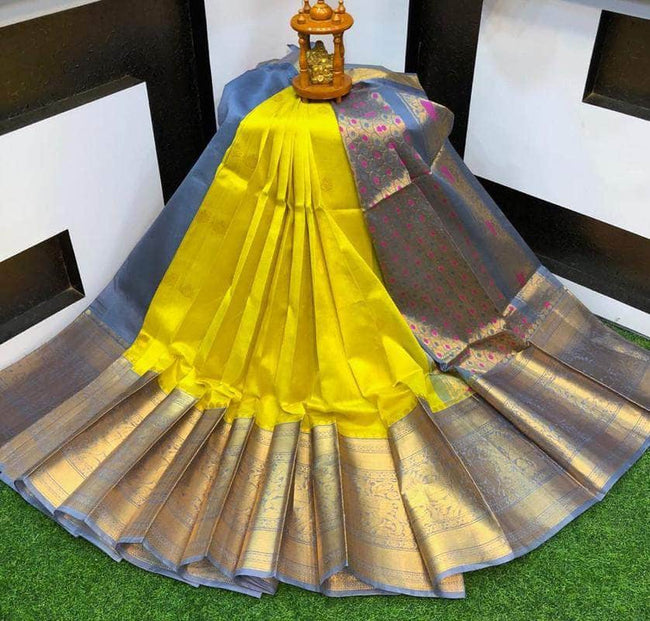 Designer Kuppadam Kanchi Pletu Border Saree in yellow - Saree - FashionVibes