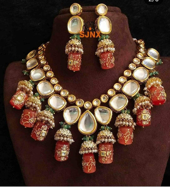 Designer Onyx Beads Kundan Set in Orange - Jewelry - FashionVibes