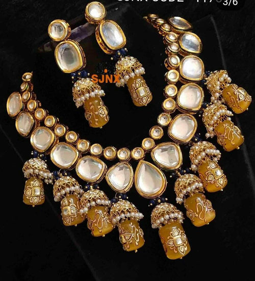 Designer Onyx Beads Kundan Set in Yellow - Jewelry - FashionVibes