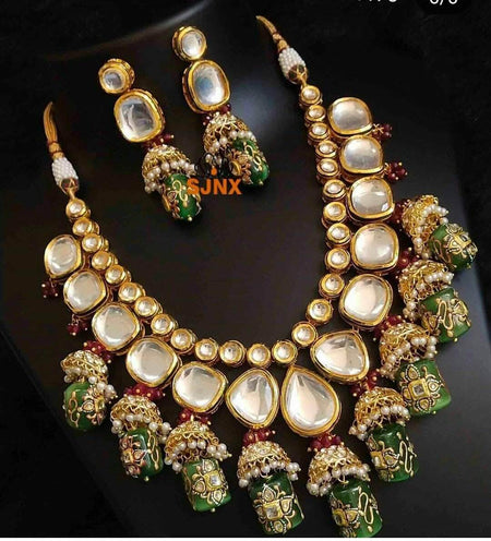 Beautiful Green and White Beads Kundan Earrings