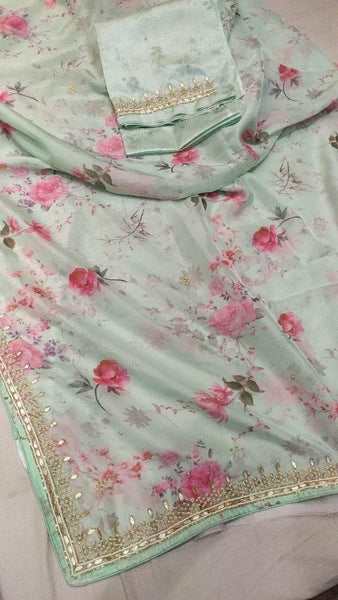 Designer Organza Saree with pearl and gota border in Pink , light green, light yellow, white , light blue - - FashionVibes