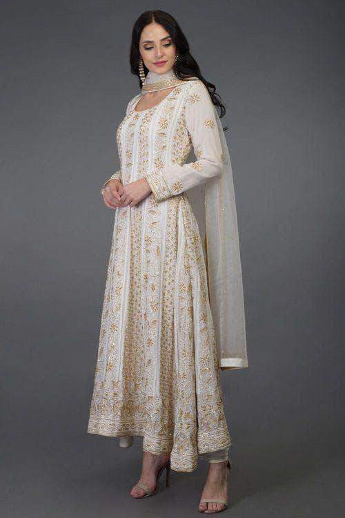 Designer Pure Georgette Handwork Chikankari Off-White Anarkali Suit in - Salwar Suit - FashionVibes