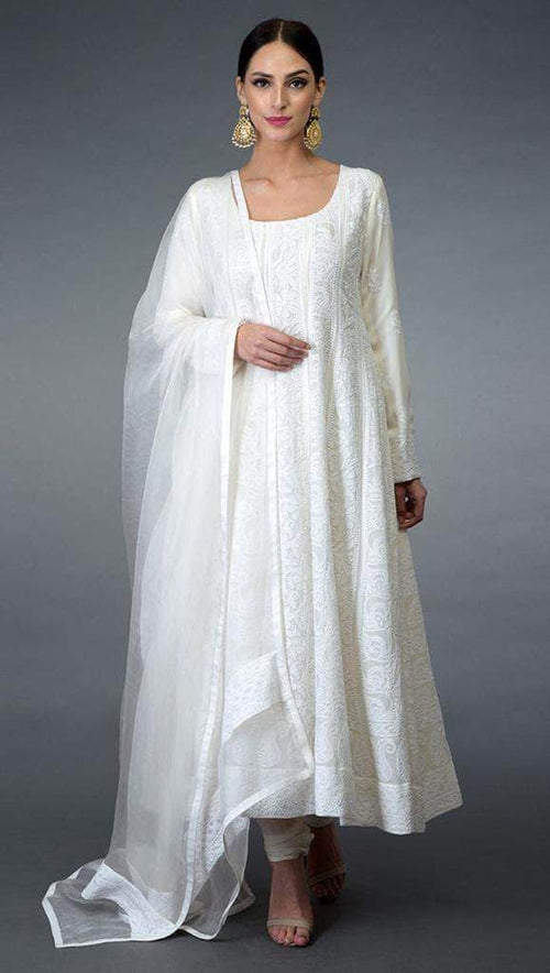 Designer Pure Georgette Handwork Chikankari Pure White Anarkali Suit in - Salwar Suit - FashionVibes