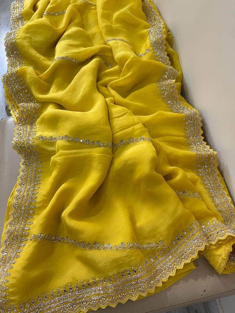 Designer Pure Organza Saree with sequence work in Yellow - Saree - FashionVibes