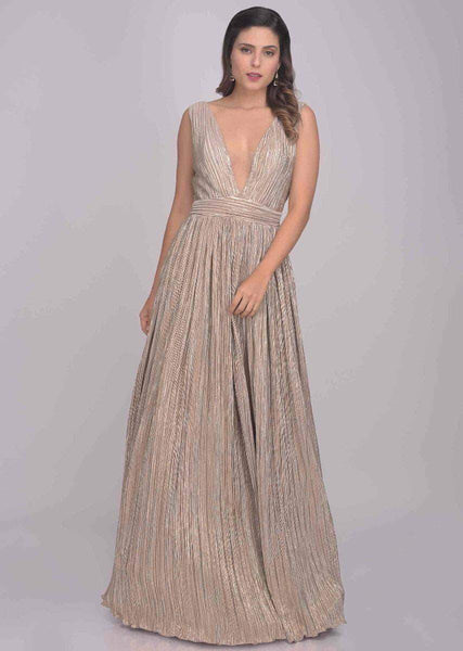 Designer Shimmery Lycra Evening Gown in Tan - Gowns - FashionVibes