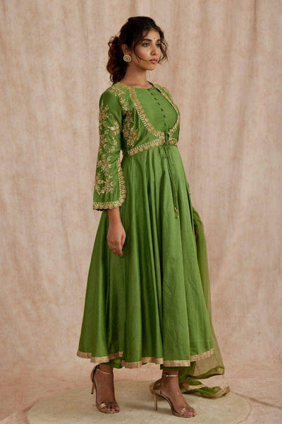 Designer Silk Anarkali Suit with embroidery in green - Salwar Suit - FashionVibes