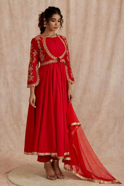 Designer Silk Anarkali Suit with embroidery in Red - Salwar Suit - FashionVibes