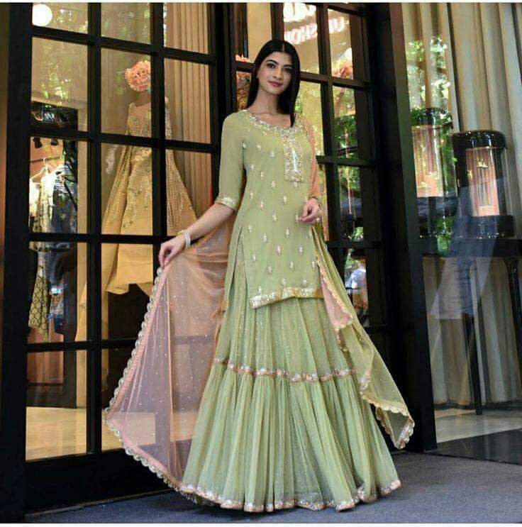 Designer Yellow Green Georgette Sharara Suit in - Salwar Suit - FashionVibes