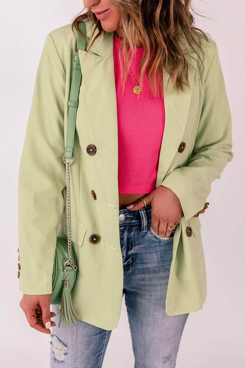 Double-Breasted Longline Long Sleeve Blazer in Green / S - - Trendsi