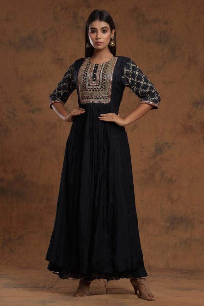 Embellished Silk Anarkali Suit for Weddings in Black - Salwar Suit - FashionVibes